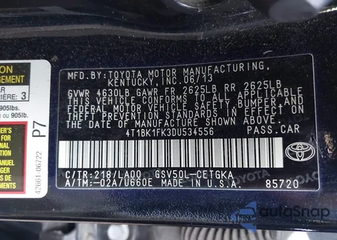 2013 Toyota Camry Xle V6 z USA, uszkodzony, nr VIN 4T1BK1FK3DU534556
